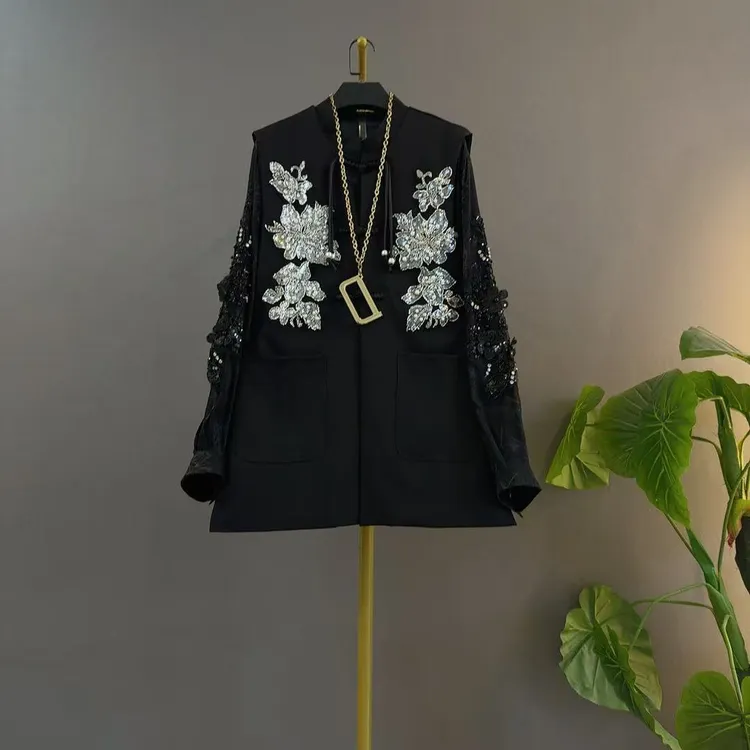 欧货重工亮片刺绣马甲衫大码显瘦时尚两件套