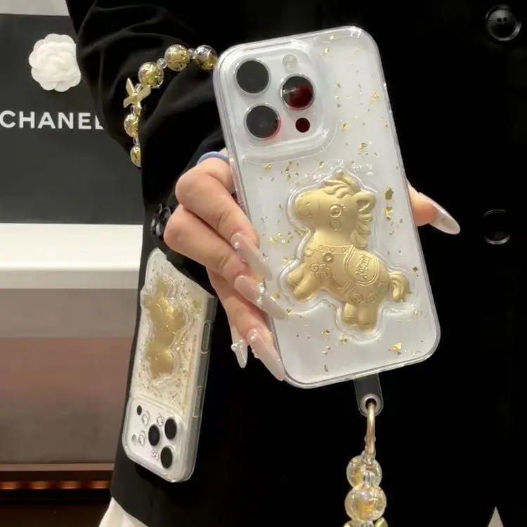 马上有钱金色挂链适用苹果17/16pro滴胶手机壳iPhone15/14/13潮12