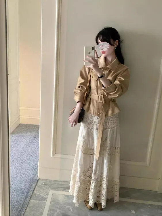 韩系高级感气质套装收腰外套女秋季2025新款蕾丝钩花半身裙两件套