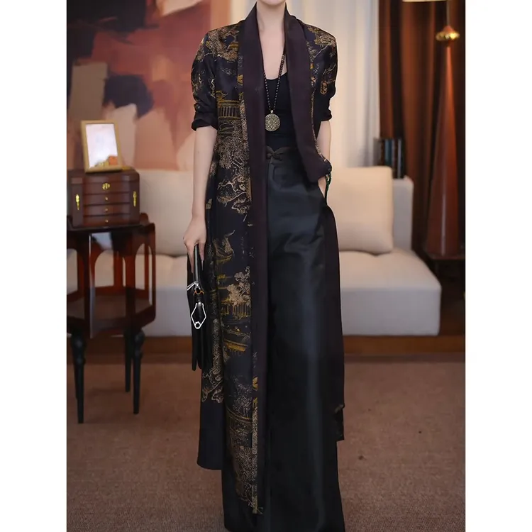 高端大气风衣长款国风2025秋新时尚气质减龄复古印花H型廓形外套