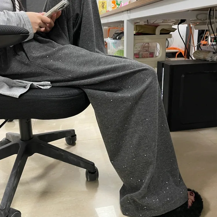 胖MM大码闪钻糯米裤女秋冬新款高腰宽松显瘦休闲垂坠感慵懒阔腿裤