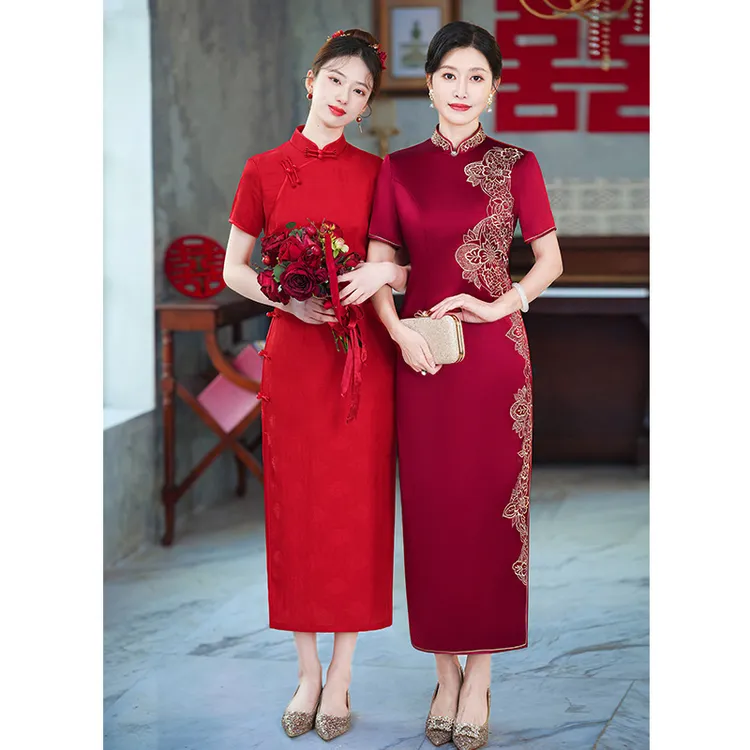 高端醋酸手推绣喜婆婆婚宴礼服改良长款旗袍连衣裙年轻洋气6110