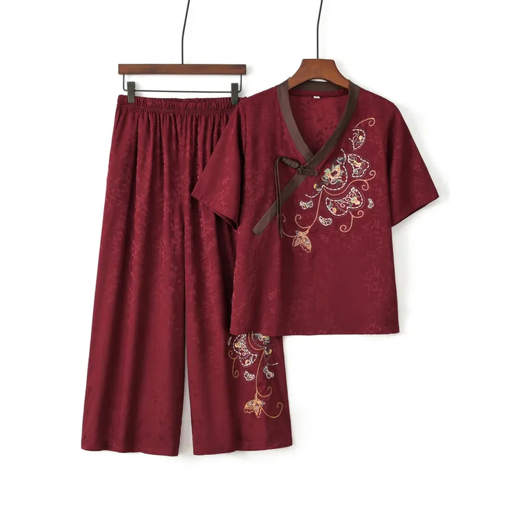 新款套装新中式上衣绣花阔腿裤七分裤宽松国风小衫显瘦减龄