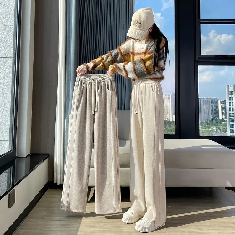 秋冬加绒加厚裤子胖mm显瘦款大码直筒窄版阔腿裤高腰香蕉裤糯米裤