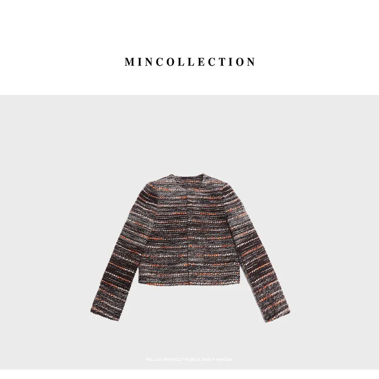 拼色小香/秋冬法式重工复古编织呢条纹小香外套