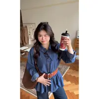 【泥美专属】大头婷微胖秋季宽松减龄花苞仿牛仔衬衫长袖上衣0111