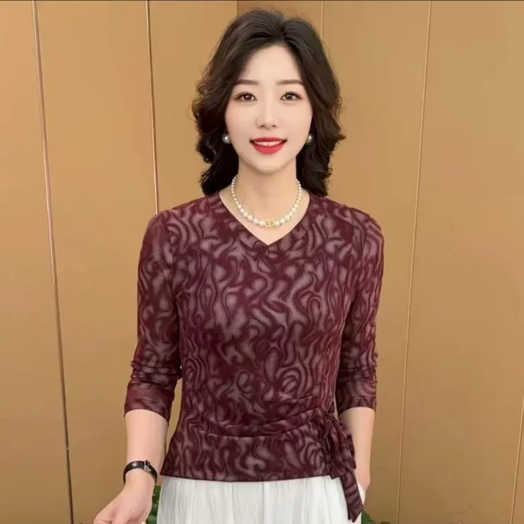 早秋新款时尚V领系带收腰设计感洋气妈妈装显瘦百搭长袖上衣K9810