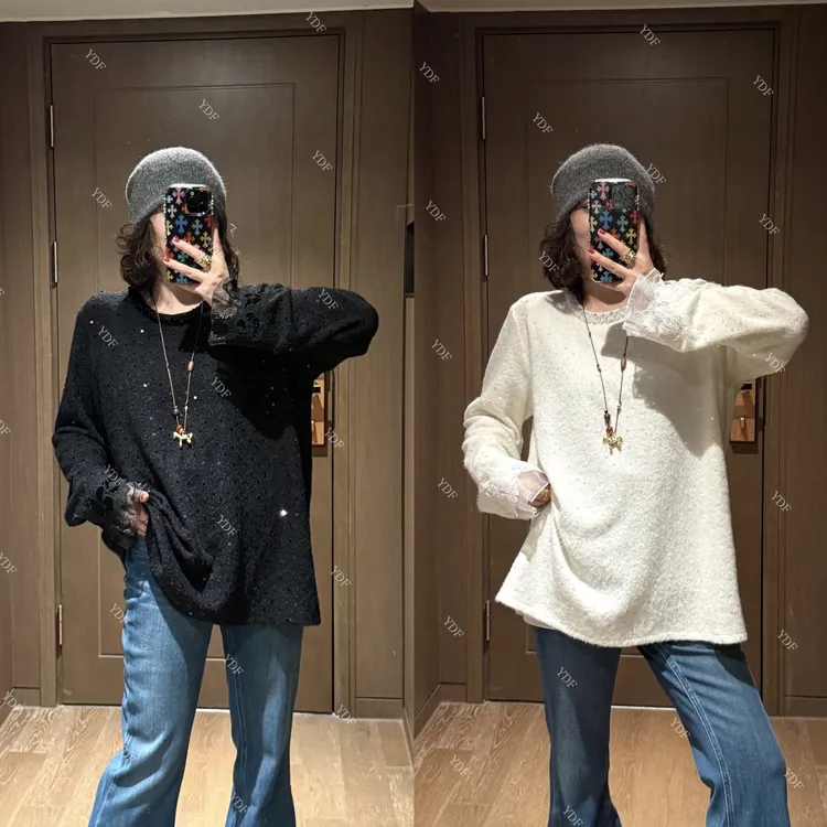 YDFSTUDIO小众【雾漫白雪】欧货高品重工亮片拼接设计时尚百搭上衣