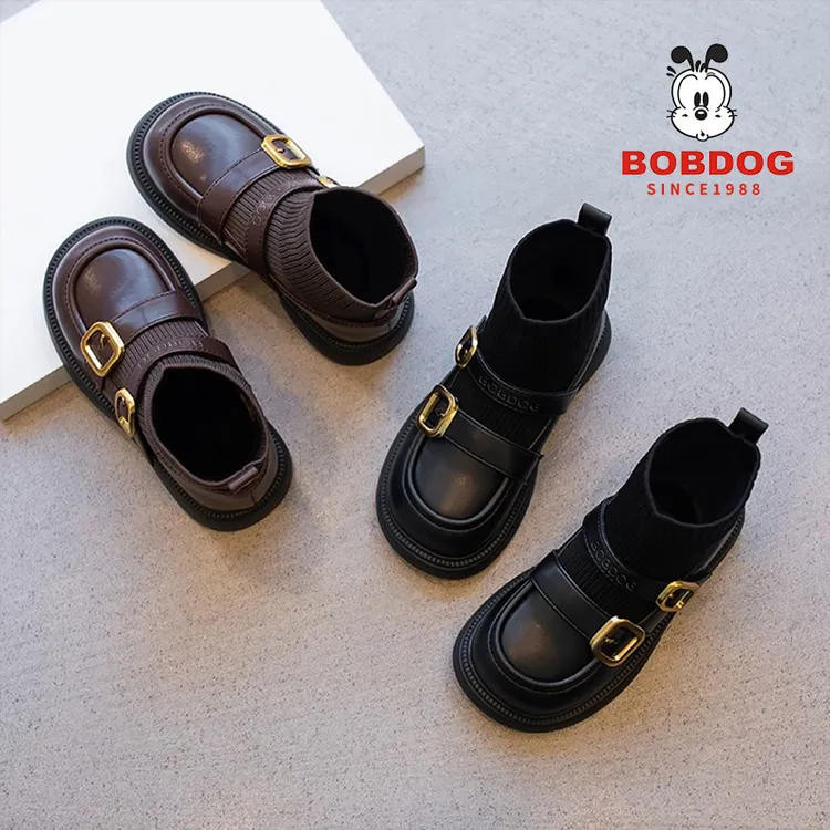 巴布豆女童靴子洋气袜子靴2025秋冬季加绒英伦风短靴宝宝软底皮靴