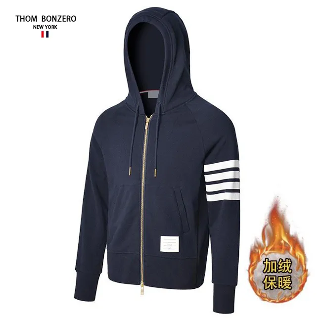 TB冬季新款纯棉加绒连帽拉链外套休闲百搭经典四条杠色织卫衣情侣