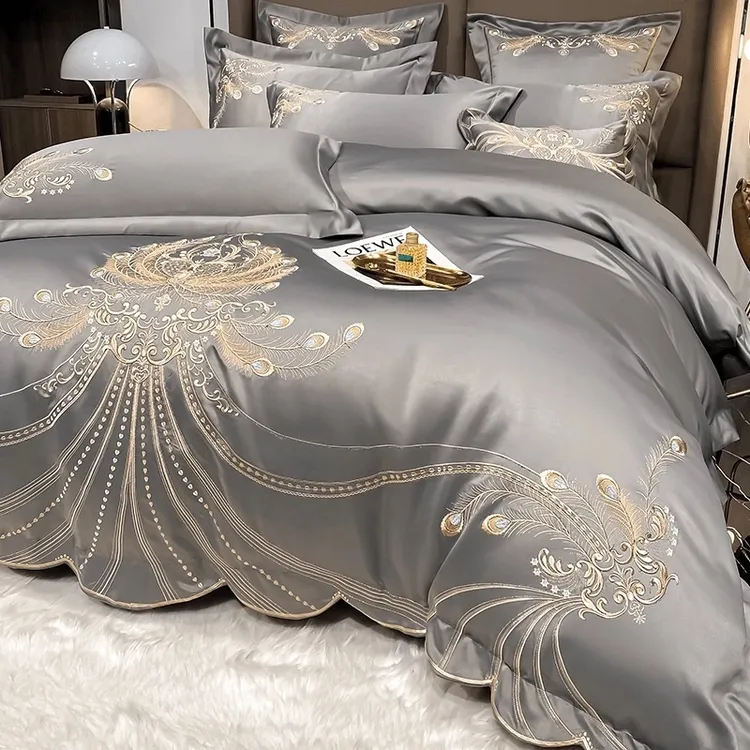 富安娜轻奢高级感纯棉裸睡四件套真丝刺绣全棉被套高档婚庆床用品