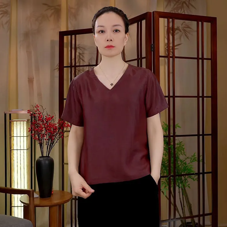 【阿邦香云纱】100%桑蚕丝上衣休闲百搭坎肩上衣短袖小衫女装红云纱