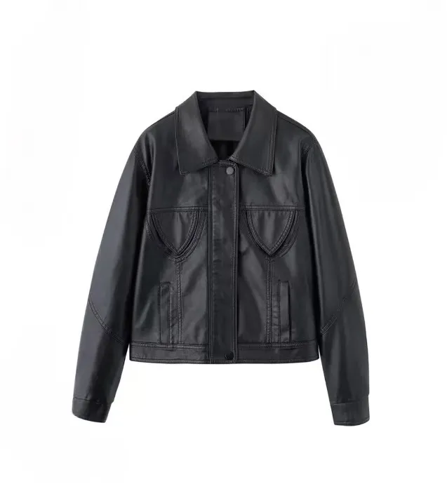 爆款娃娃领正肩女款2025春季时尚显瘦百搭修身皮衣短款外套翻领