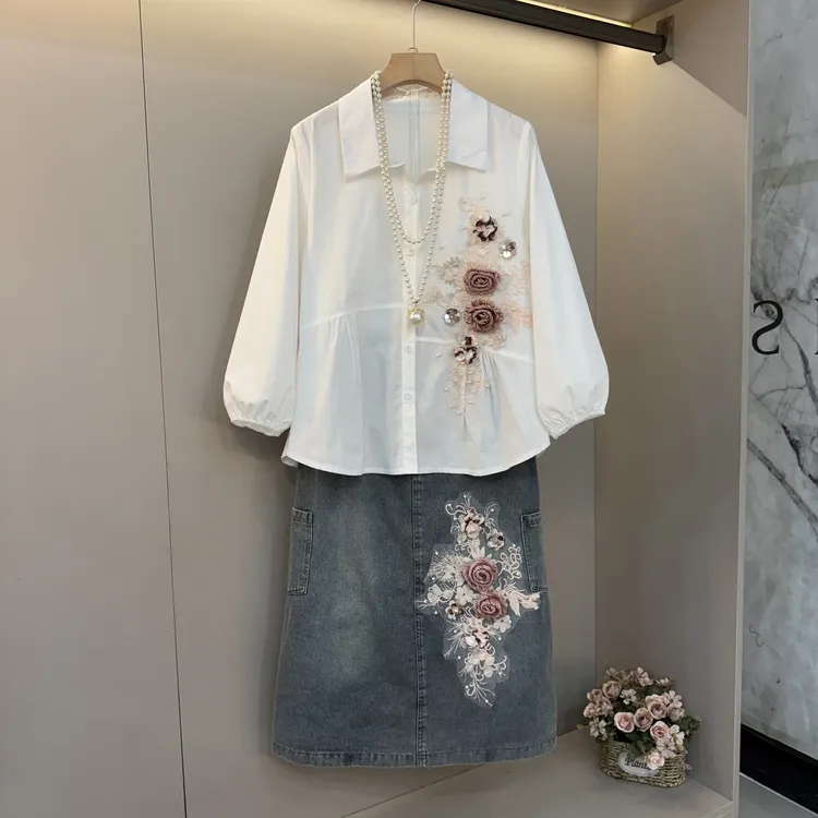 新款欧货洋气重工装饰翻领衬衫+牛仔裙2025胖mm两件套套装8512