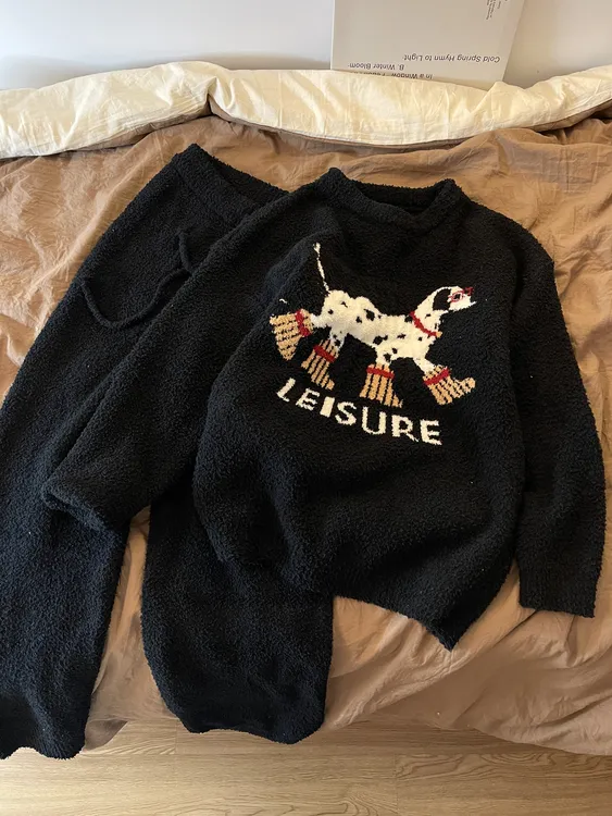 眼镜斑点狗趣味印花针织半边绒睡衣女秋冬新款长袖长裤保暖家居服