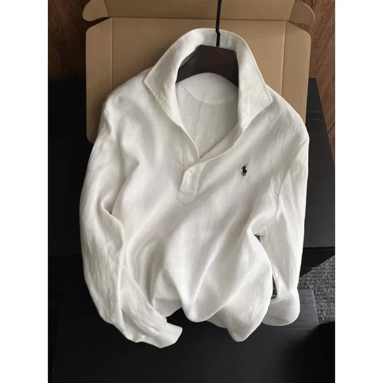 美式潮牌2-300斤老钱风亚麻长袖T恤早秋洋气百搭男女休闲翻领衬衣