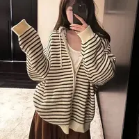 【原单高克重】抽绳连帽条纹针织开衫女秋季韩版宽松加厚毛衣外套!