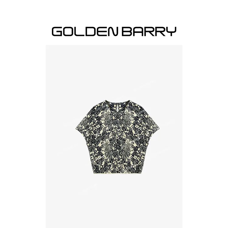 GOLDENBARRY「花藏月」泡泡绉下摆弹力包边印花短袖上衣GB060704006