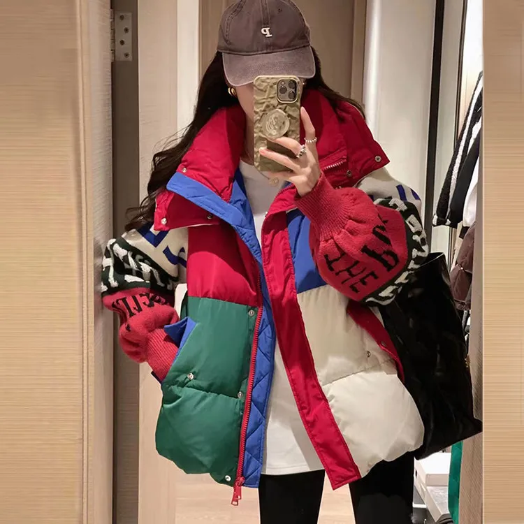棉衣女冬季新款欧洲站时尚宽松显瘦撞色连帽针织袖字母设计感棉服