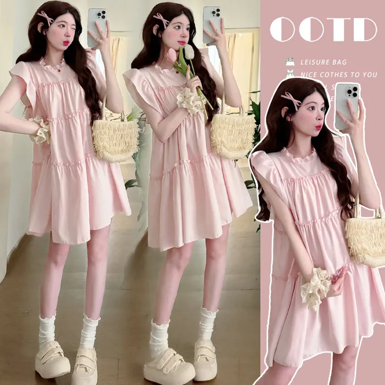 孕妇装夏装连衣裙2025新款夏季时尚粉色甜美洋气宽松小飞袖孕妇裙