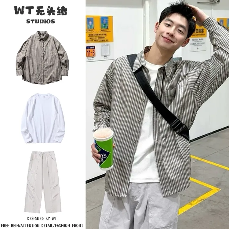 @WT无头绪三件装/单件春秋季长袖条纹衬衫男美式宽松百搭休闲衬衣