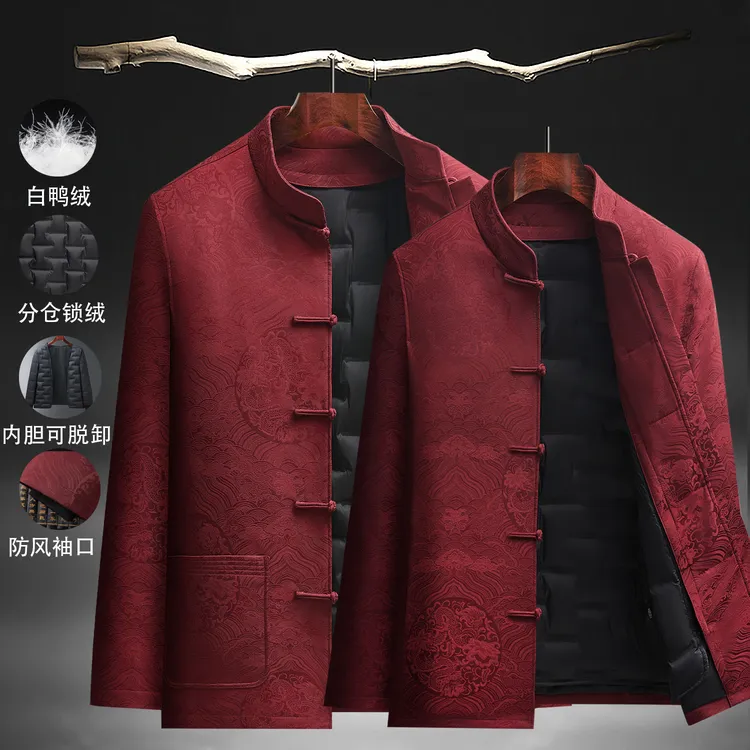 中式唐装中老年男款羽绒可脱卸内胆冬季保暖厚外套父母情侣喜庆