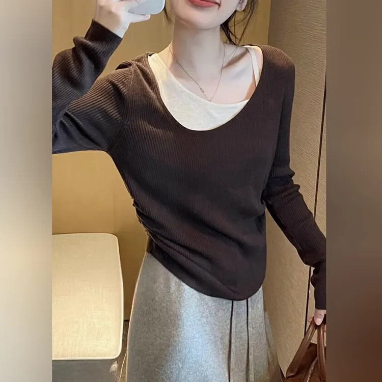假两件打底衫女早秋季2025新款长袖针织衫套头毛衣内搭不规则上衣