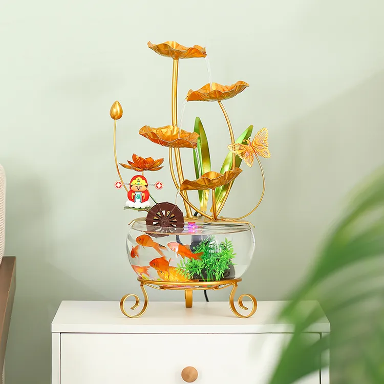 创意现代风简约轻奢铁艺荷叶循环流水办公客厅家用玻璃缸桌面摆件