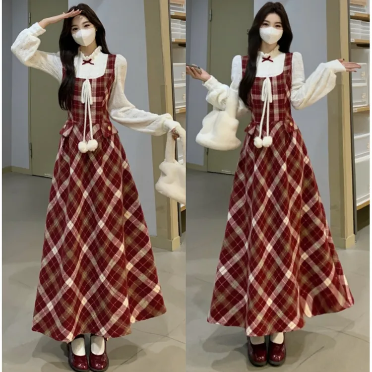 大码胖mm假两件蕾丝拼接复古甜美圣诞长裙减龄红色格子连衣裙女