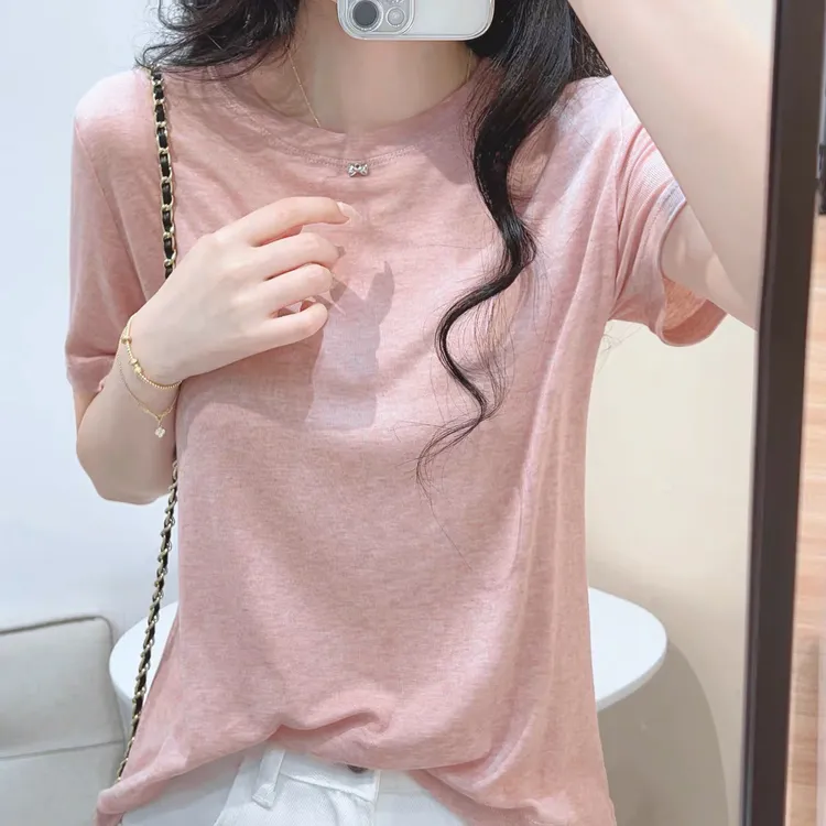 莱赛尔粉色圆领正肩短袖面膜t恤女2025夏季薄款宽松百搭显瘦上衣
