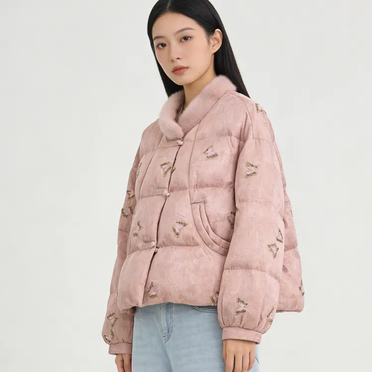 DY3329樱美嘉90白鹅绒服羽绒新中式秋冬新款水貂毛领外套女刺绣