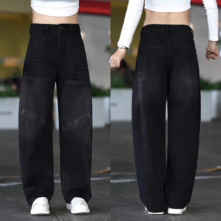 2025新款薄绒男士牛仔裤百搭个性拼接弯刀长裤男装潮流宽松休闲裤