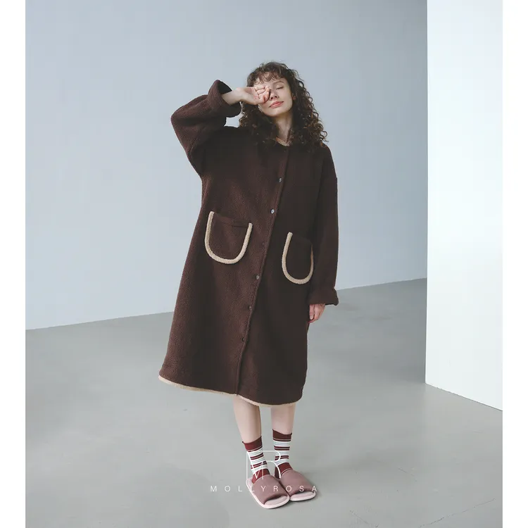 mollyrosa栗子棕摇粒绒加厚睡袍复古棉服长款外套家居服可外穿冬
