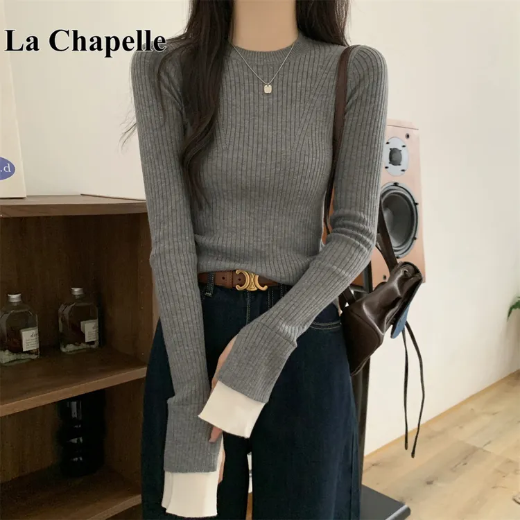 拉夏贝尔肌理感针织毛衣女拼接喇叭袖打底衫修身辣妹风假两件上衣