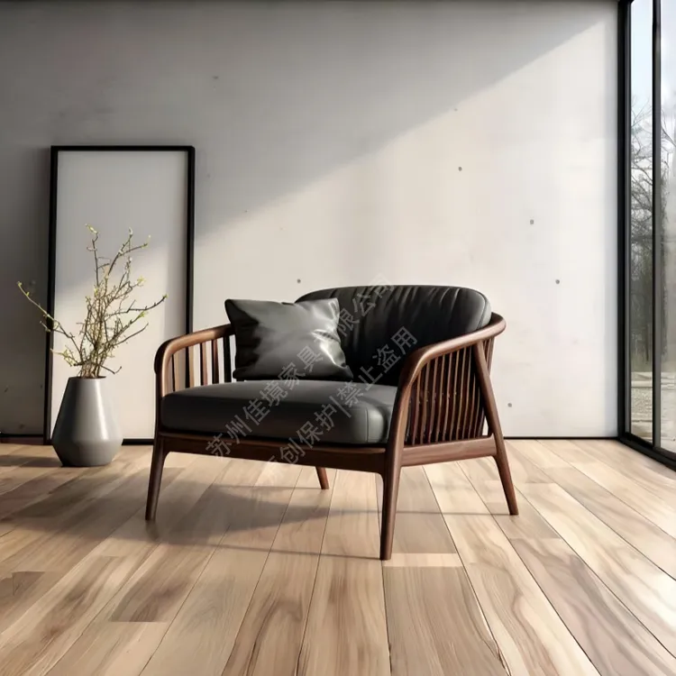 意式轻奢北美黑胡桃木真皮沙发椅现代简约客厅家用单人沙发落地