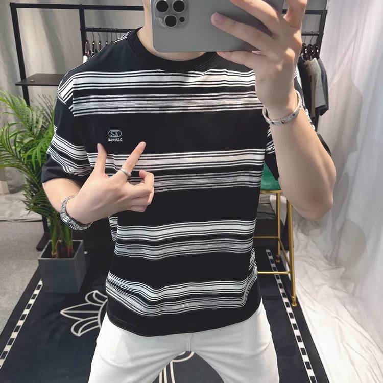 欧洲站2025夏季新款短袖t恤男潮牌美式宽松休闲半袖男士条纹体恤