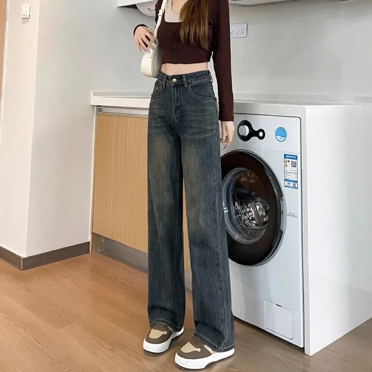 水泥灰高腰直筒牛仔裤女春秋季2025年新款小个子宽松窄版阔腿裤子