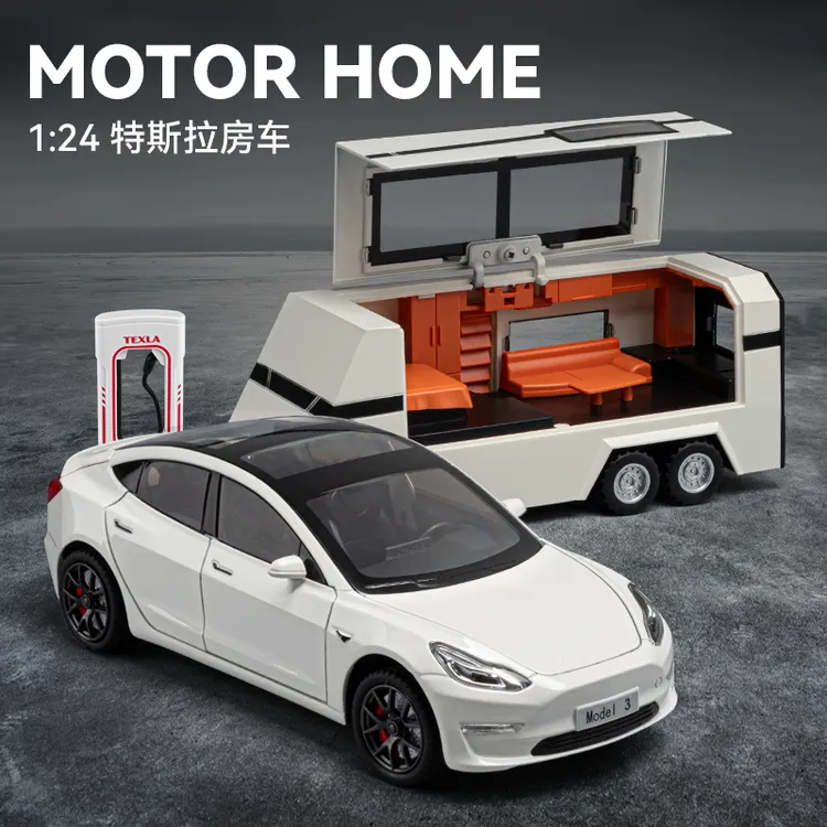 1:24特斯拉Model3车模仿真露营房车模型摆件男合金新能源玩具车