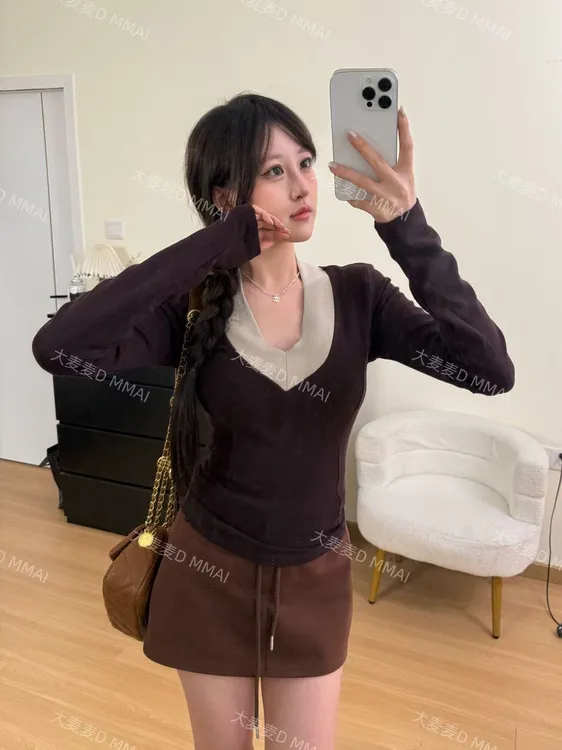 【6-8运补-次日发】秋冬磨毛韩版打底衫长袖女百搭修身显瘦内搭t恤