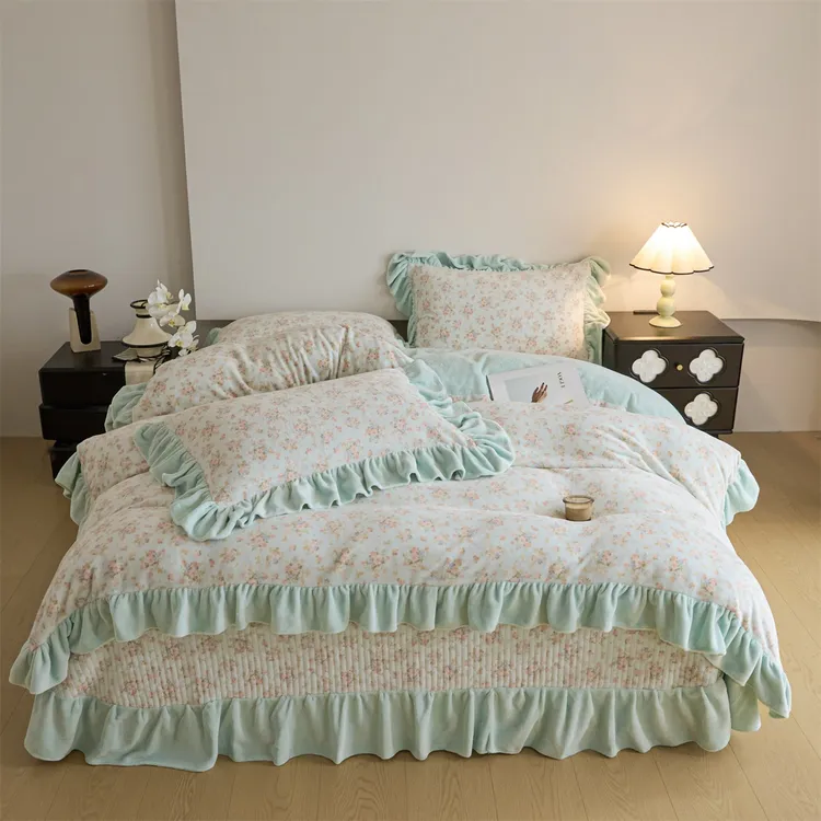 床盖加绒牛奶绒四件套被套三件套荷叶边床品双面绒加厚保暖秋冬季