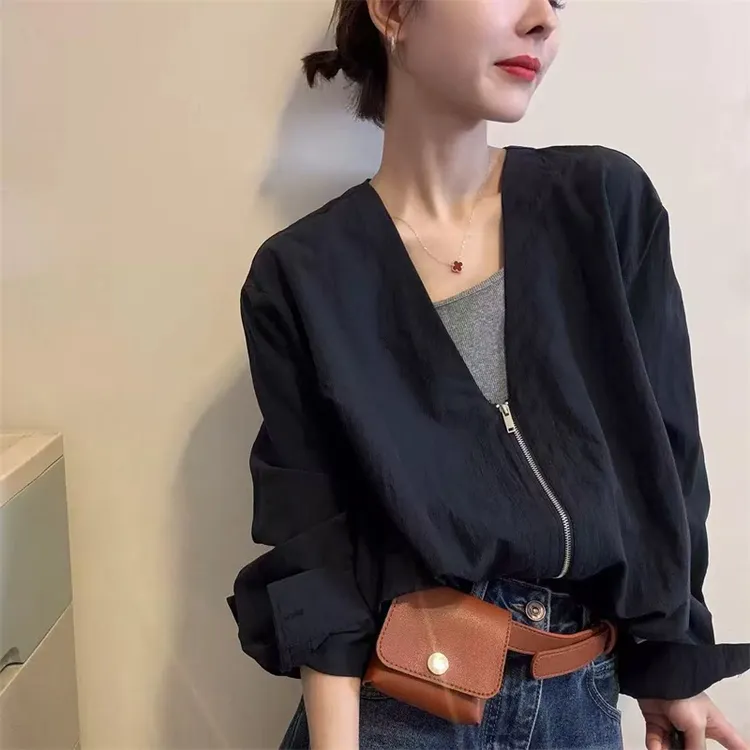 纯色V领假两件拉链设计长袖短外套女2025早秋新款宽松显瘦上衣潮
