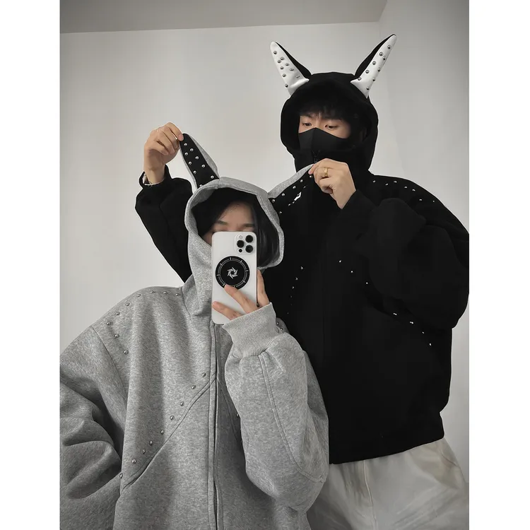 LIGGICC 早秋新款500g重磅铆钉拼接杜宾犬连帽卫衣秋季情侣外套