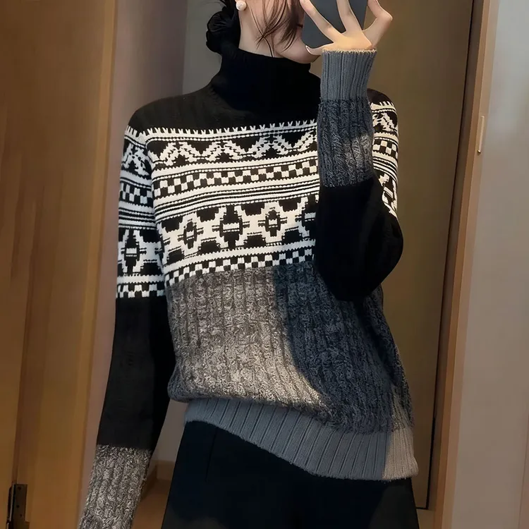 高领提花针织衫女2025秋冬高级感内搭减龄宽松毛衣打底费尔岛上衣