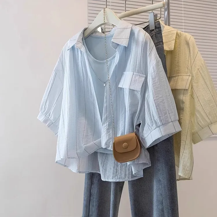 假两件浅蓝色条纹短袖衬衫女2025春夏新款大码胖mm背心叠穿两件套