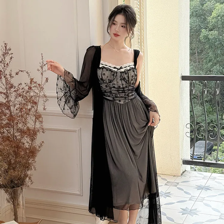 【嘉宁两件套】法式睡衣春薄款网纱吊带镂空性感纯欲风带胸垫两件套