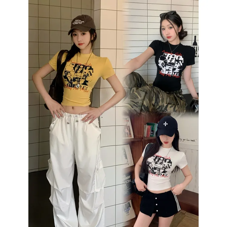 美式辣妹正肩圆领短袖t恤女夏季复古印花修身显瘦百搭短款上衣