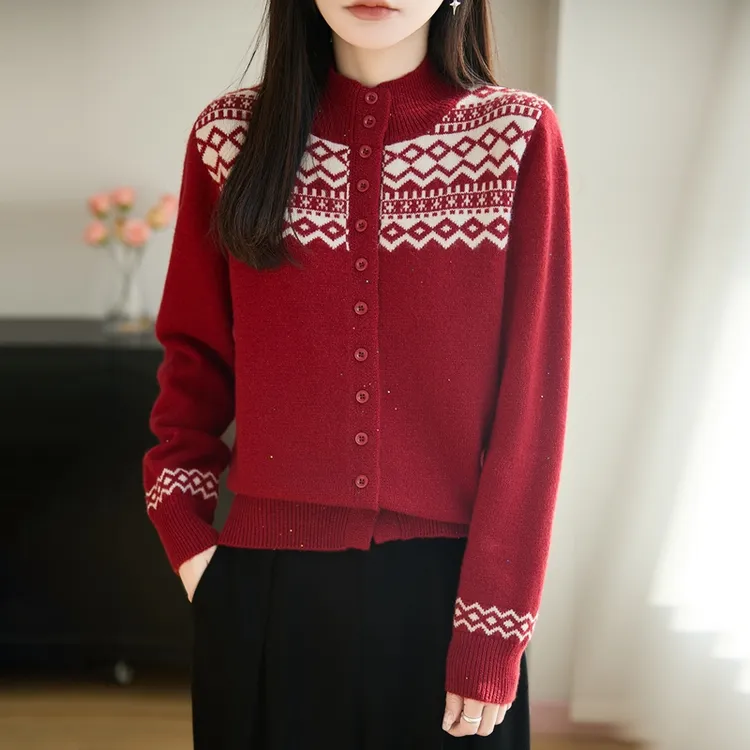 2026新款品牌新马年红色费尔岛针织开衫软糯内搭混纺外搭羊毛衫冬