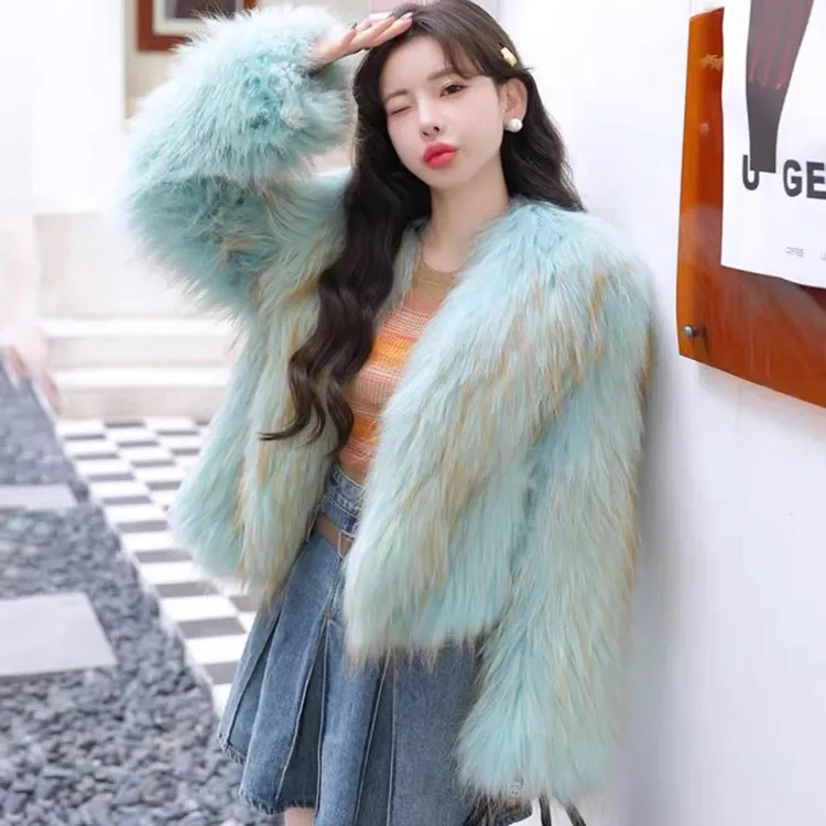 【美臣】双面编织[鎏金岁月]貉子毛翻领外套加密加厚洋气百搭衣长50