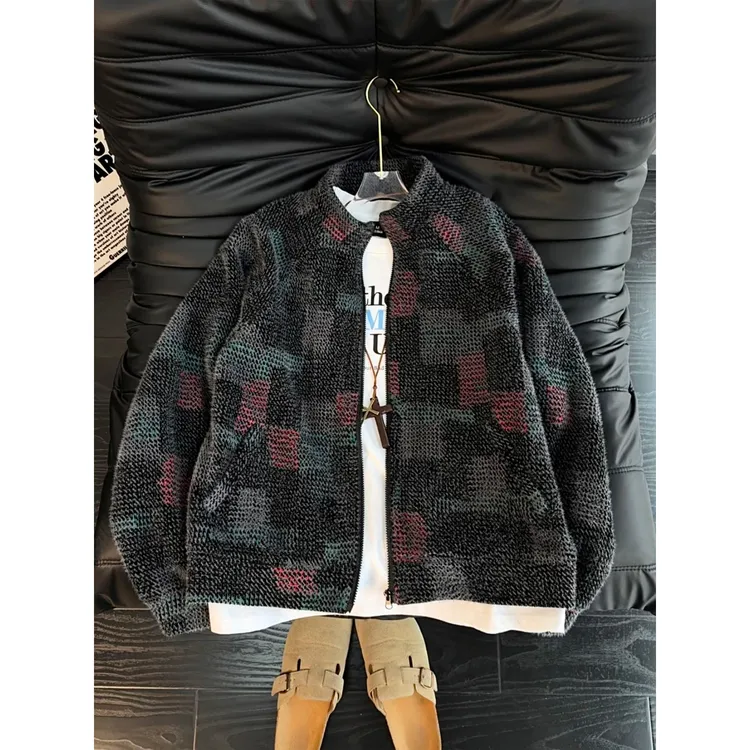 美式复古格子开衫卫衣男款秋冬季无帽立领外套高级感潮牌情侣上衣