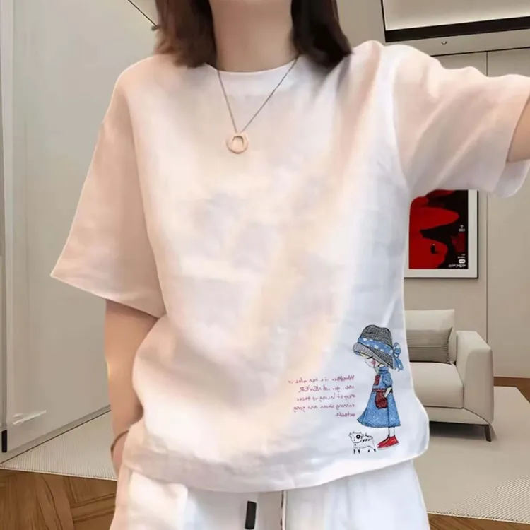纯棉2025年新款设计感圆领宽松显瘦百搭短袖t恤女卡通印花上衣ins